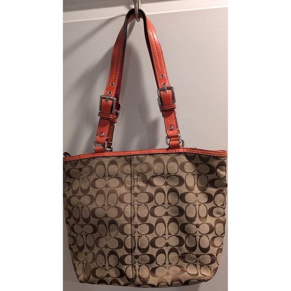 Coach Signature Gallery Tote Khaki Orange Leather Shoulder Bag F13077 - Picture 2 of 8